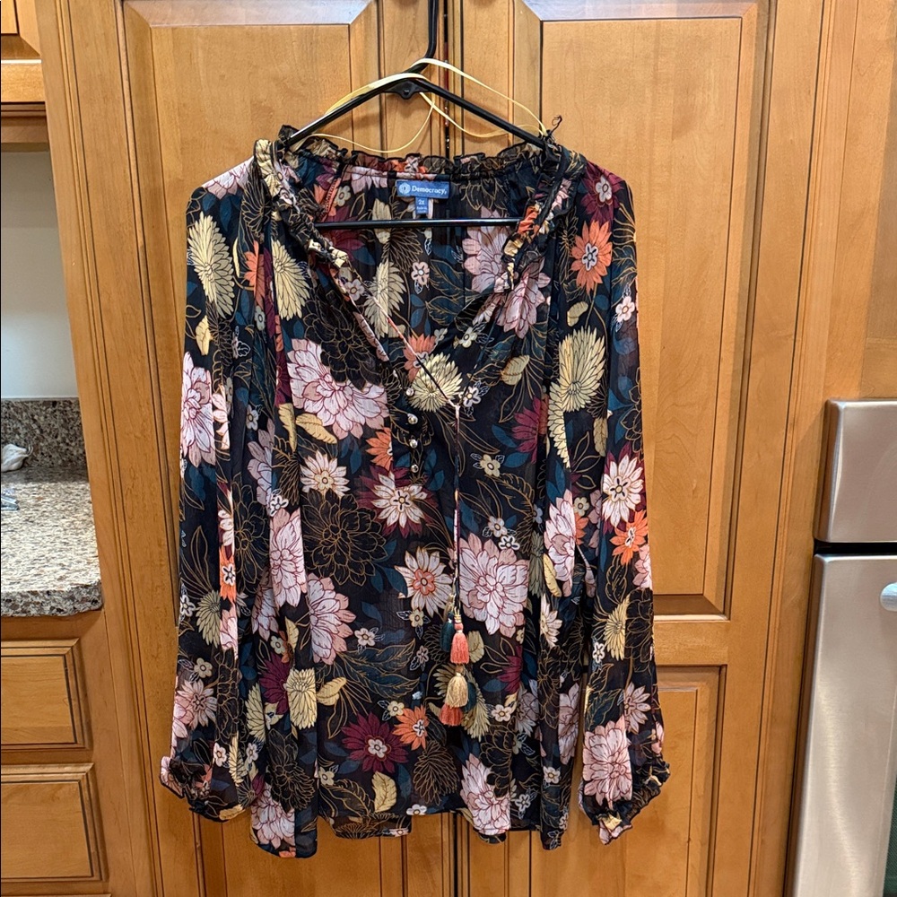 Democracy Black Floral Blouse with burgundy, cream and peach Accents